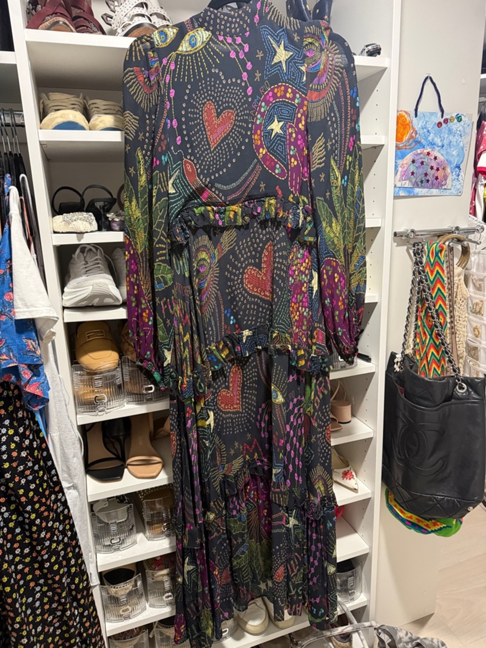 FARM Rio Black Multicolor Ruffle-Tiered Long Sleeve Maxi Dress